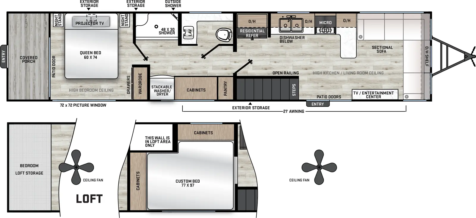 The Catalina Destination Series 35FME floorplan has one entry and zero slide outs. Exterior features include: metal exterior and 21' awning. Interiors features include: loft, rear bedroom and front living.